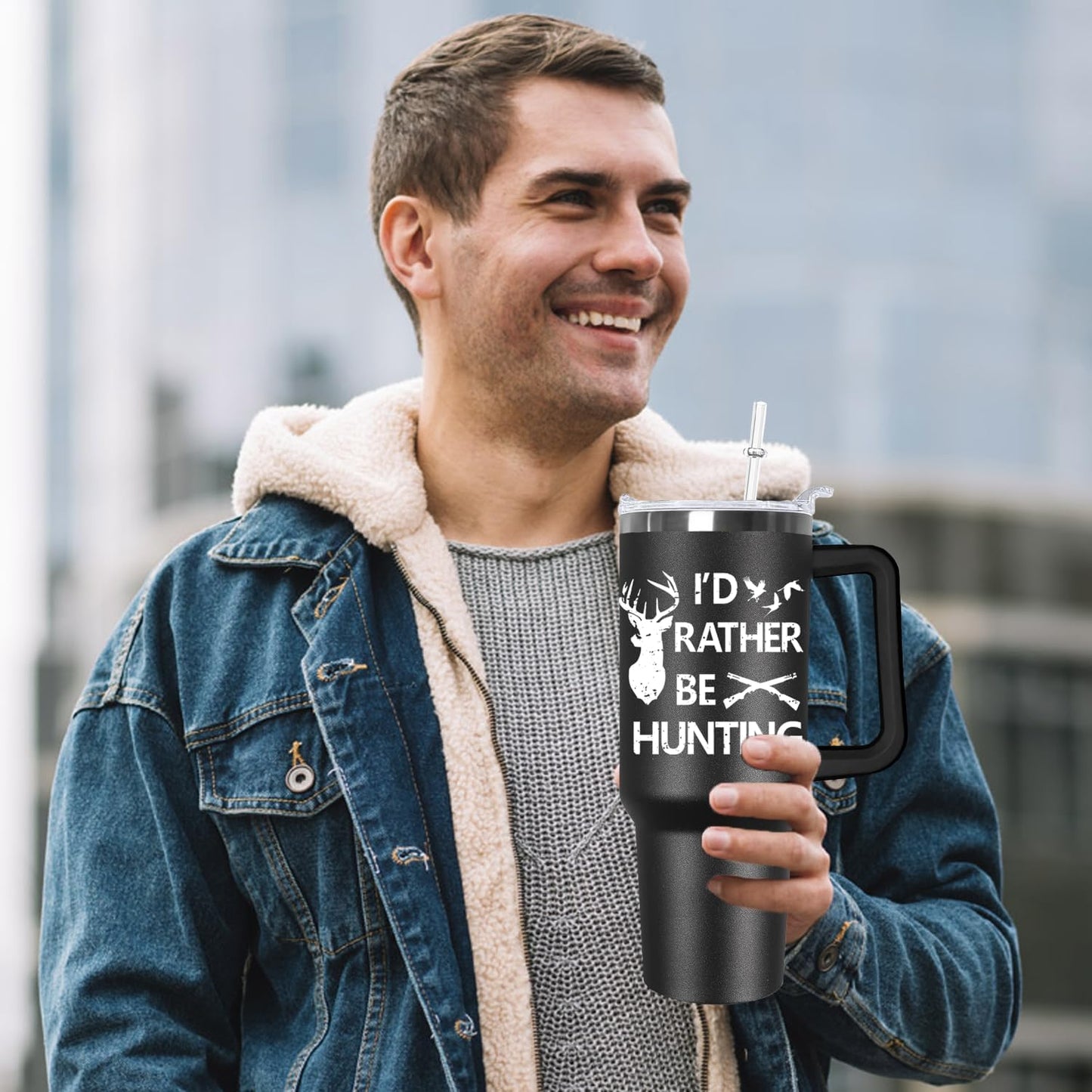 Ceovfoi Hunting Gifts for Men, 40 oz Deer Hunting American Flag Stainless Steel Tumbler with Handle Lid and Straw, Hunting Stuff Supplies Accessories