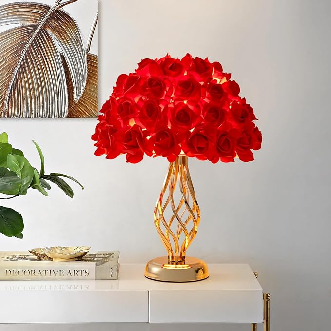 Red Rose Flowers Lamp Artificial Flower Table Lamp Bouquet Desk Lamp Romantic Princess Nightstand Petal Light for Valentines Mother's Day Bedside Lamp Wedding Deco Party Home Bedroom - Bloomnest