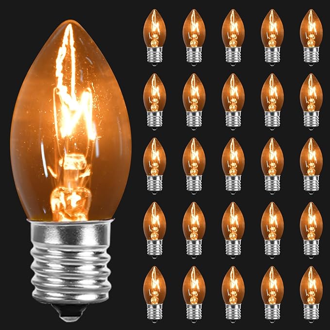 25 Pack Clear Christmas Lights C7 Incandescent Replacement Bulbs, C7 Vintage Christmas Lights Outdoor 5 Watts Night Light Bulbs Fits in C7/E12 Base for Indoor and Outdoor Home Party Decorations - Bloomnest