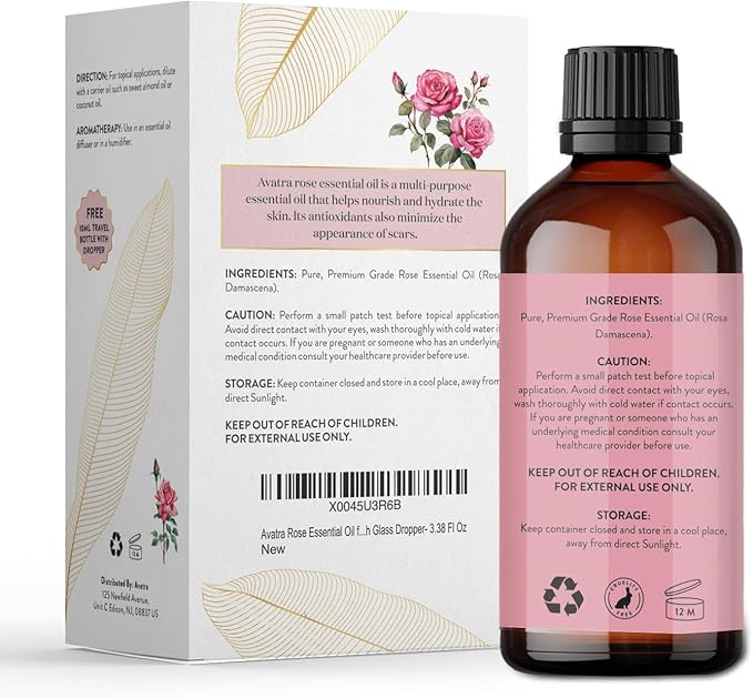 Avatra Rose Essential Oil 100ML (3.38 OZ) with Glass Dropper and Travel Bottle, Pure and Natural Therapeutic Grade Lavender Oil for Diffuser, Aromatherapy, Massage, and DIY Candle Products - Bloomnest