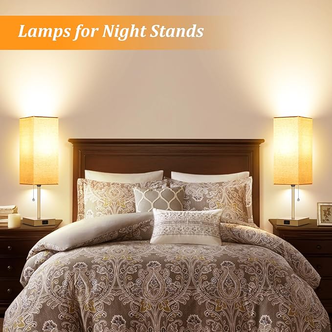 Table Lamp for Bedroom set of 2,3-Color Bedside Lamps with Pull Chain Table Lamps for Nightstand with AC Outlets,18'' Night Light Lamps with 2 Bulbs Lamps for Living Room Kids Office Decor(Glod) - Bloomnest