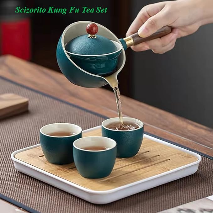 Ceramic Portable Travel Tea Set, Chinese Kungfu Tea Set with 360 Rotation Teapot and Infuser, 4 Tea Cups, Tea Tray And Travel Bag (Green)