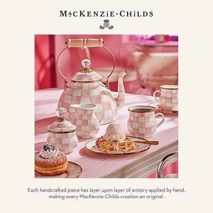 MACKENZIE-CHILDS Enamel Teapot, Cute Small Teapot with Lid, 4-Cup Capacity, Pink-and-White Rosy Check - Bloomnest