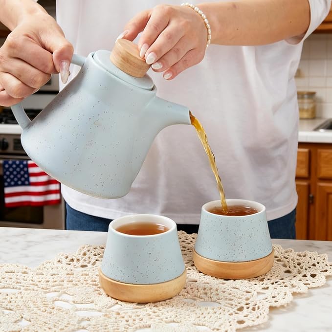 TETWIN Ceramic Teapot with Infuser, 25oz Blue Tea Pot with 8 Loose Leaf Tea Samplers Gift Set – Small Teapot for Full Leave Tea, Elegant Nordic Design, Dishwasher Safe - Bloomnest