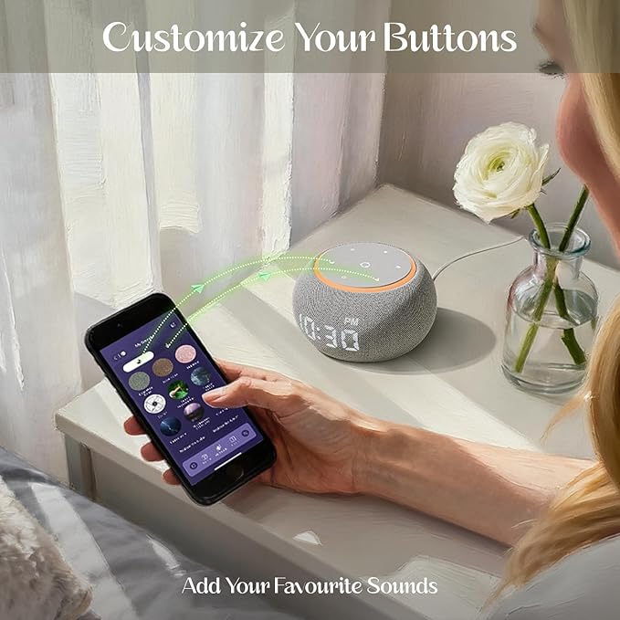 White Noise Sound Machine for Sleep, Dual-Stage Alarm&Snooze, Smart App Control, Custom Buttons, 500+ Non Looping Soothing Sounds, Dimmable Clock, Timer, Night Light, Lullaby, for Baby Adults Kids - Bloomnest
