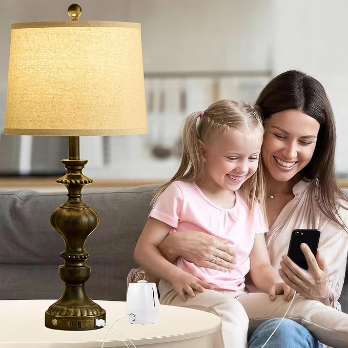 27.5" Farmhouse Table Lamps Set of 2 Bedside Lamp with USB C+A Ports & AC Outlet, 3 Way Dimmable Touch Lamps for Living Room Bedroom Office Hallway Rustic Nightstand Traditional Lamp - Bloomnest