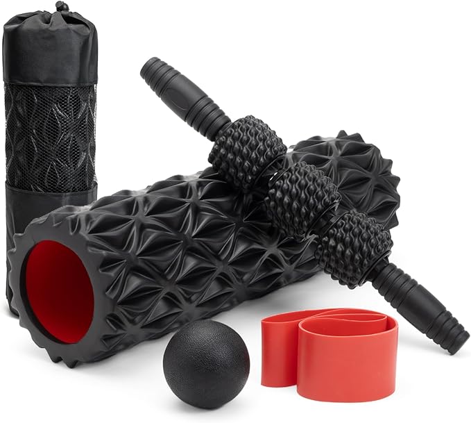 5 in1 Foam Roller Set, Trigger Point Foam Roller, Massage Roller Stick, Massage Ball, Resistance Band for Deep Muscle Massage Pilates Yoga,Fitness Exercise for Whole Body (Pure Black) - Bloomnest