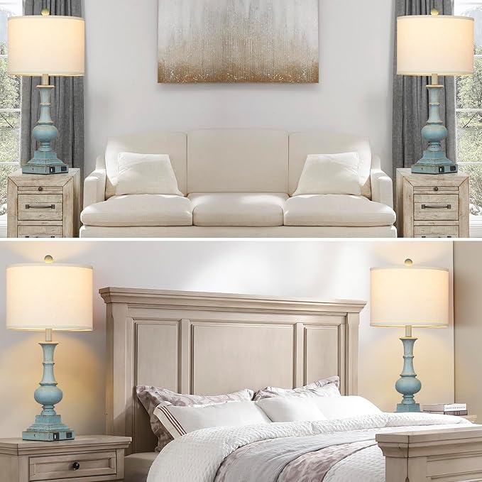 Farmhouse Table Lamps Set of 2, Rustic Touch Control Bedside Lamps with 2 USB Ports & AC Outlet, Vintage Resin 3-Way Dimmable Nightstand Lamp Linen Fabric Shade for Living Room Bedroom Decor Blue - Bloomnest