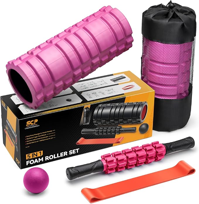 5 in 1 Foam Roller Set for Deep Tissue Muscle Massage, High Density Fitness Exercise Foam Roller, Massage Roller, Massage Ball, Resistance Band, for Whole Body (Pink-Black) - Bloomnest