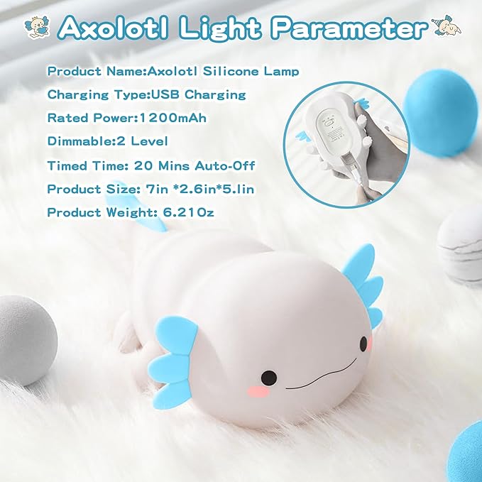 Axolotl Night Light,Cute Axolotl Lamp,Food Grade Silicone Nursery Nightlight,Rechargeable/Dimmable LED Squishy Novelty Animal Bedside Touch Lamp,Baby Room Decor, Axolotl Gifts for Kids/Boys - Bloomnest