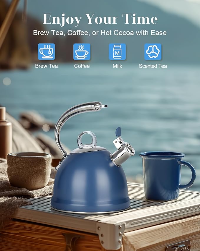 Harriet Tea Kettle Stovetop, 2.5 Quart Whistling Stainless Steel Tea Pot, 3-Layer Base, Unique Ergonomic Handle, Includes Pot Holder & Mat, Electric/Induction/Gas Stovetops Applicable, Blue - Bloomnest