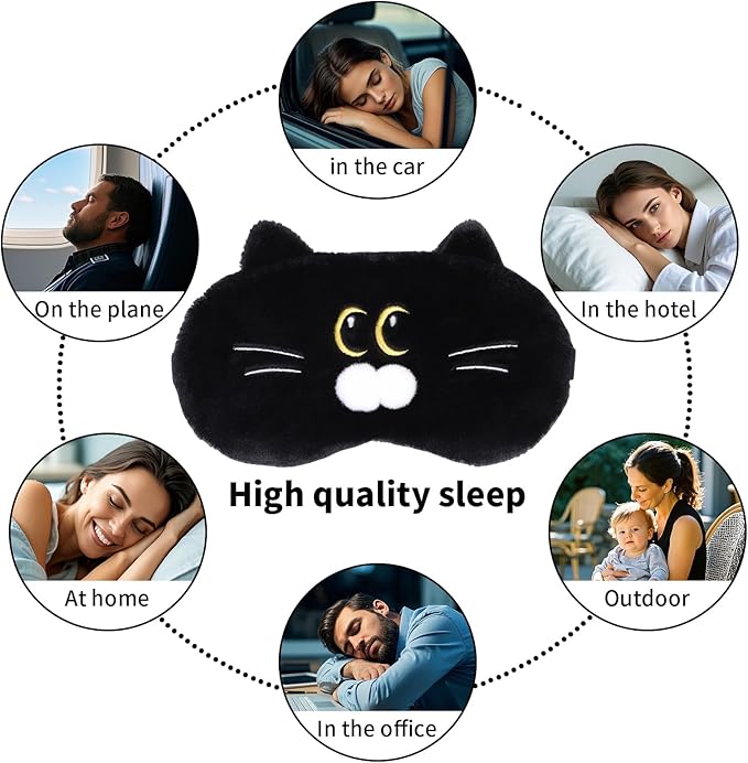 Cute Sleep Eye Masks for Kids, Kawaii Cartoon Kids Sleeping Mask for Women Boys Girls Teens, Soft Plush Adjustable Eyeshade Silk Travel Nap Eye Cover, Black Cat - Bloomnest