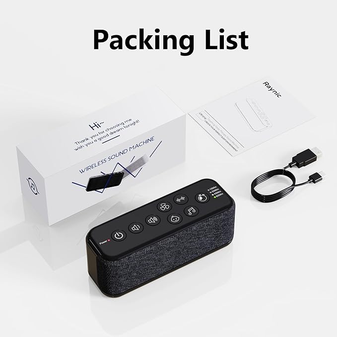 Raynic White Noise Machine, 42 Soothing Sounds Noise Machine, Rechargeable Battery Sound Machine with 8 Volumes, 5 Timers, Type-C Port, Headphone Jack for Baby, Adult, Home, Travel, Office - Bloomnest