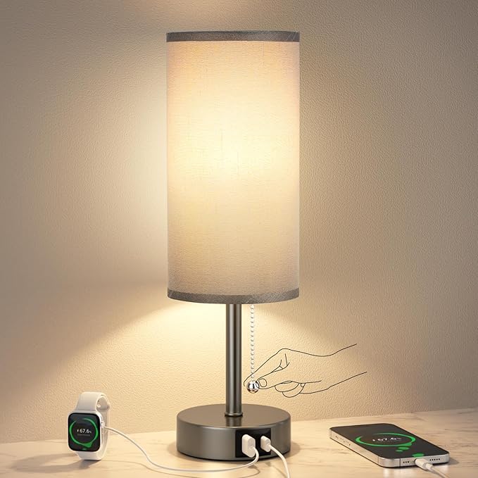 Grey Bedside Lamp for Bedroom Nightstand - Small Table Lamp with USB A + C Charging Port, 3 Color Temperatures Pull Chain Night Stand Light, Side Table Desk Reading Lamp for Living Room/Study Room - Bloomnest