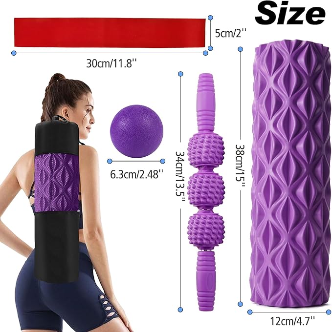 5 in 1 Foam Roller Set Trigger Point Foam Roller, Massage Roller Stick, Massage Ball, Stretching Strap for Deep Muscle Massage Pilates Yoga, Fitness Exercise for Whole Body (Purple Diamond) - Bloomnest