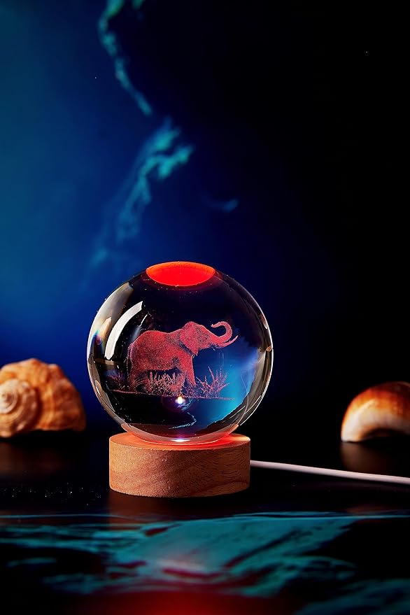 Elephant Crystal Ball Lamp, 3.15 inch, Night Light with Wooden LED Base, Glass Ball with USB, Remote Control, 16 Color Change, Gift Box - Bloomnest