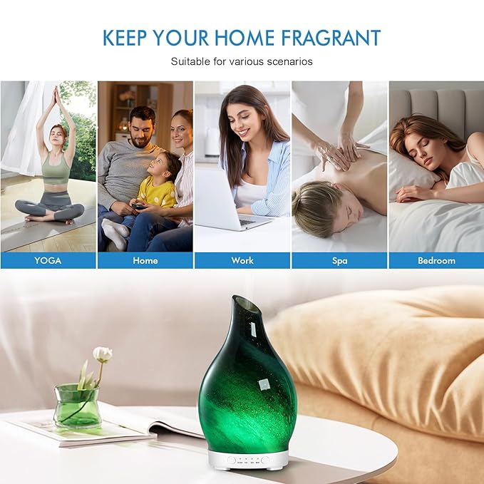 Aromatherapy Diffuser Essential Oil Diffuser - Glass Diffuser Ultrasonic Cool Mist Aroma Diffuser 150ml Scented Oil Diffuser with Auto-Off Protection & 7 Colors Night Light for Home Office Decor&Gift - Bloomnest
