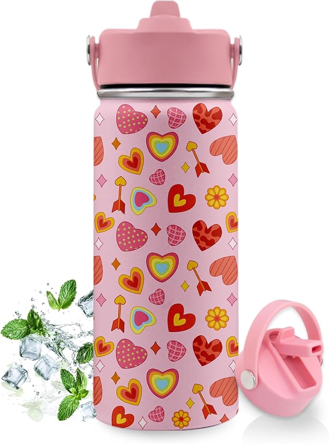 Heart Gifts for Kids - 16 Oz Kids Water Bottle with Straw Lid, Stainless Steel Insulated Tumbler, Leak Proof, BPA-Free, for Girls, School, Travel - Heart Pattern Children Birthday Gifts Cups(1pc) - Bloomnest