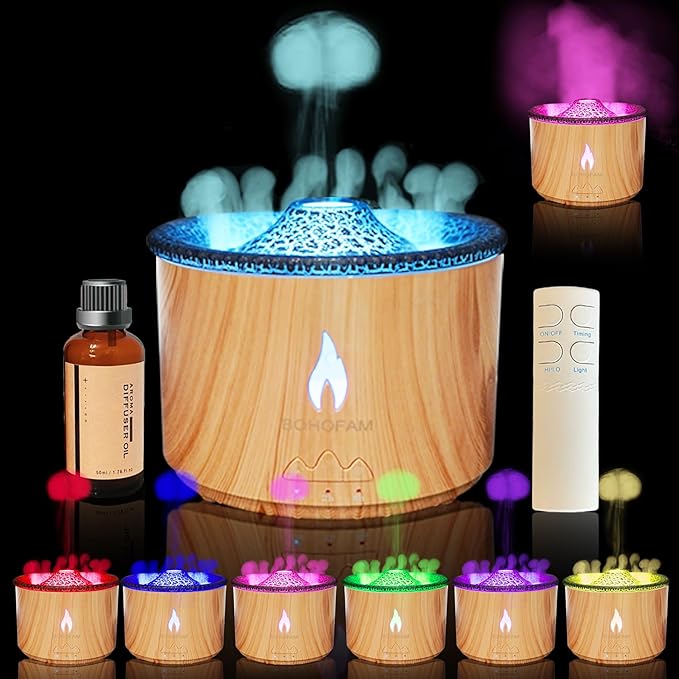 BOHOFAM Aroma Essential Oil Diffuser 360 ML,Volcano and Flame Diffuser/Humidifier,Give1.76 oz Hotel Collection Diffuser Oils,7 Colorful Light Change,Diffusers for Home,Large Room(Wood Grain) - Bloomnest