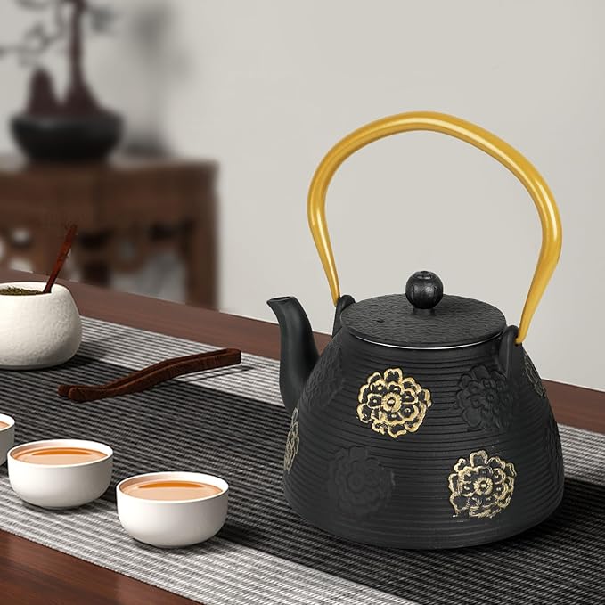 Ufine Cast Iron Teapot with Infuser for Loose Leaf Tea Japanese Style Tea Kettle for Stove Top, Enameled Interior Sakura Design (Black,40oz/1200ml) - Bloomnest
