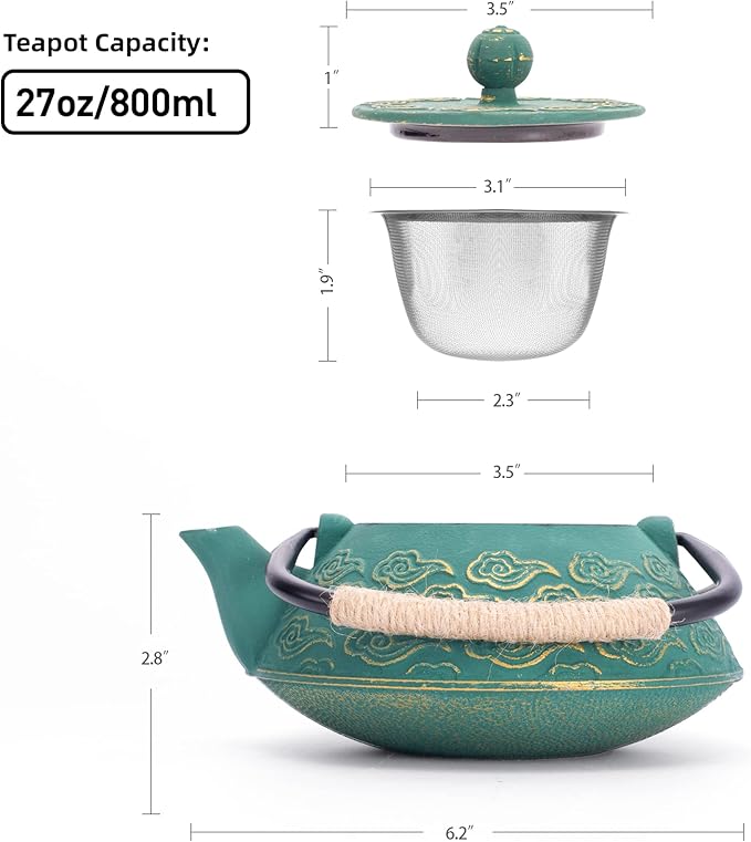 Cast Iron Teapot, Japanese Tea Pot with Infuser for Loose Leaf, Tea Kettle Stovetop Safe Coated with Enameled Interior, Clouds Pattern 27oz, 800ml Black - Bloomnest