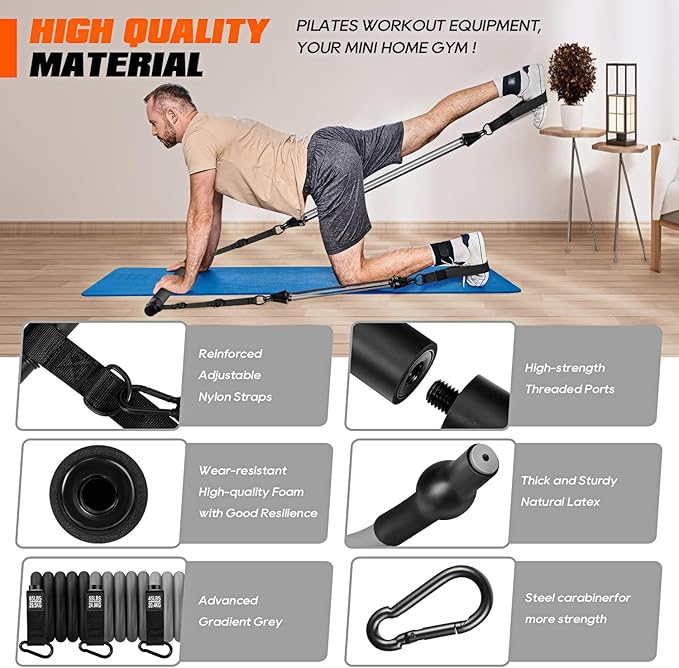 Pilates Bar Kit with Resistance Bands, Heavy Duty Pilates Equipment for Men, Strength Training Bar for Legs, Hip, Back, Arm, Abs, Chest, Shoulders, Portable Home Gym Full Body Workout Equipment - Bloomnest