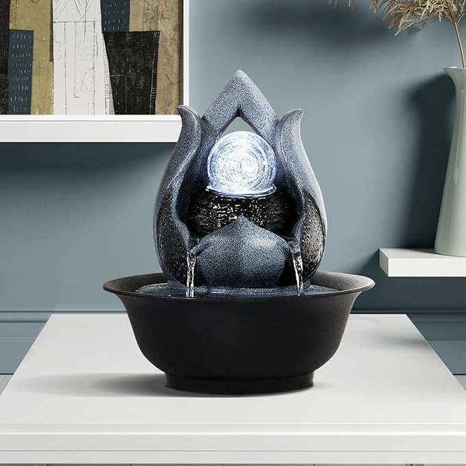 WICHEMI Indoor Water Fountain Tabletop Fountains with LED Rolling Ball, Feng Shui Zen Meditation Desktop Waterfall Fountains Calming Water Sound Relaxation Fountain for Home Bedroom Office (Style 12)