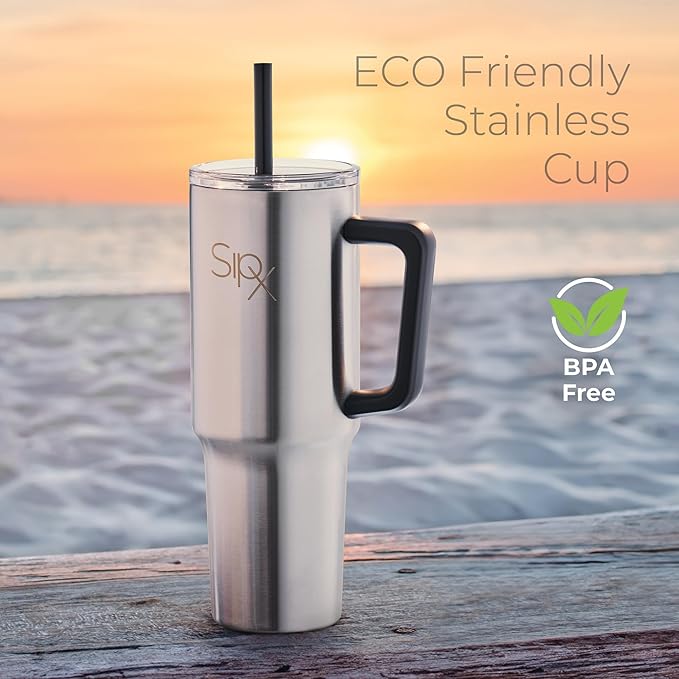 SIPX™ Insulated Tumbler With Lid And Straw, Tumbler With Handle Keeps Cold 12 Hours, Water Bottle Thermos With Lid, BPA-Free Reusable Insulated Coffee Tumblers, (Stainless, 40oz.)