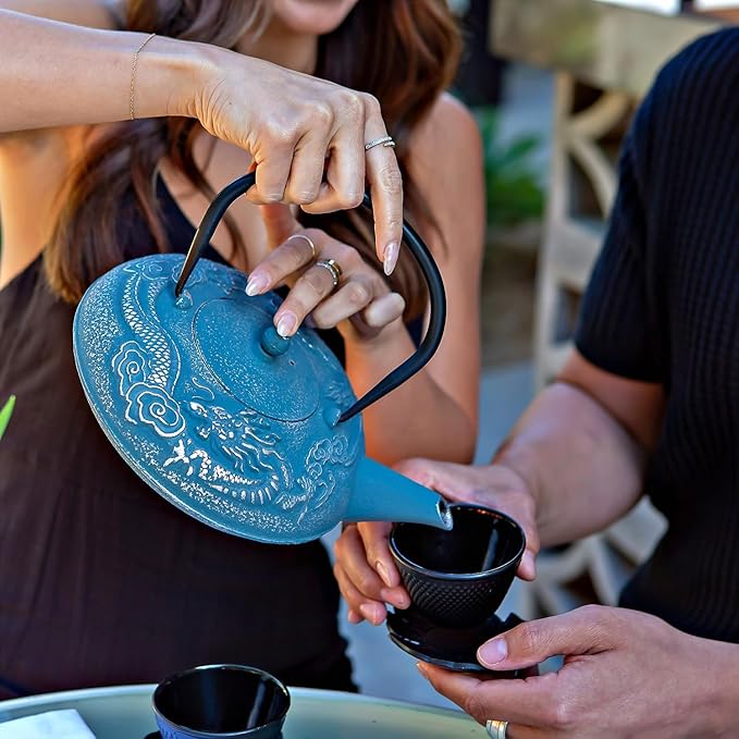 Large Cast Iron Tea Kettle Set - 40oz/1200ml Japanese Teapot with Infuser & Matching Trivet - Tetsubin Iron Tea Pot Japanese Style with Enamel Interior - Handcrafted Dragon Teapot Humidifier - Blue