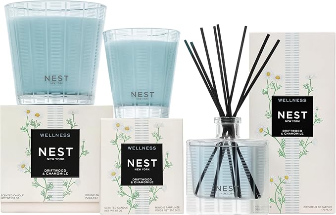 NEST New York Reed Diffuser, Driftwood & Chamomile - 5.9 fl oz - Fragrance for Up to 90 Days - Reusable, Refillable Glass Holder - Includes 8 All-Natural Reed Sticks - Flame Free - Bloomnest
