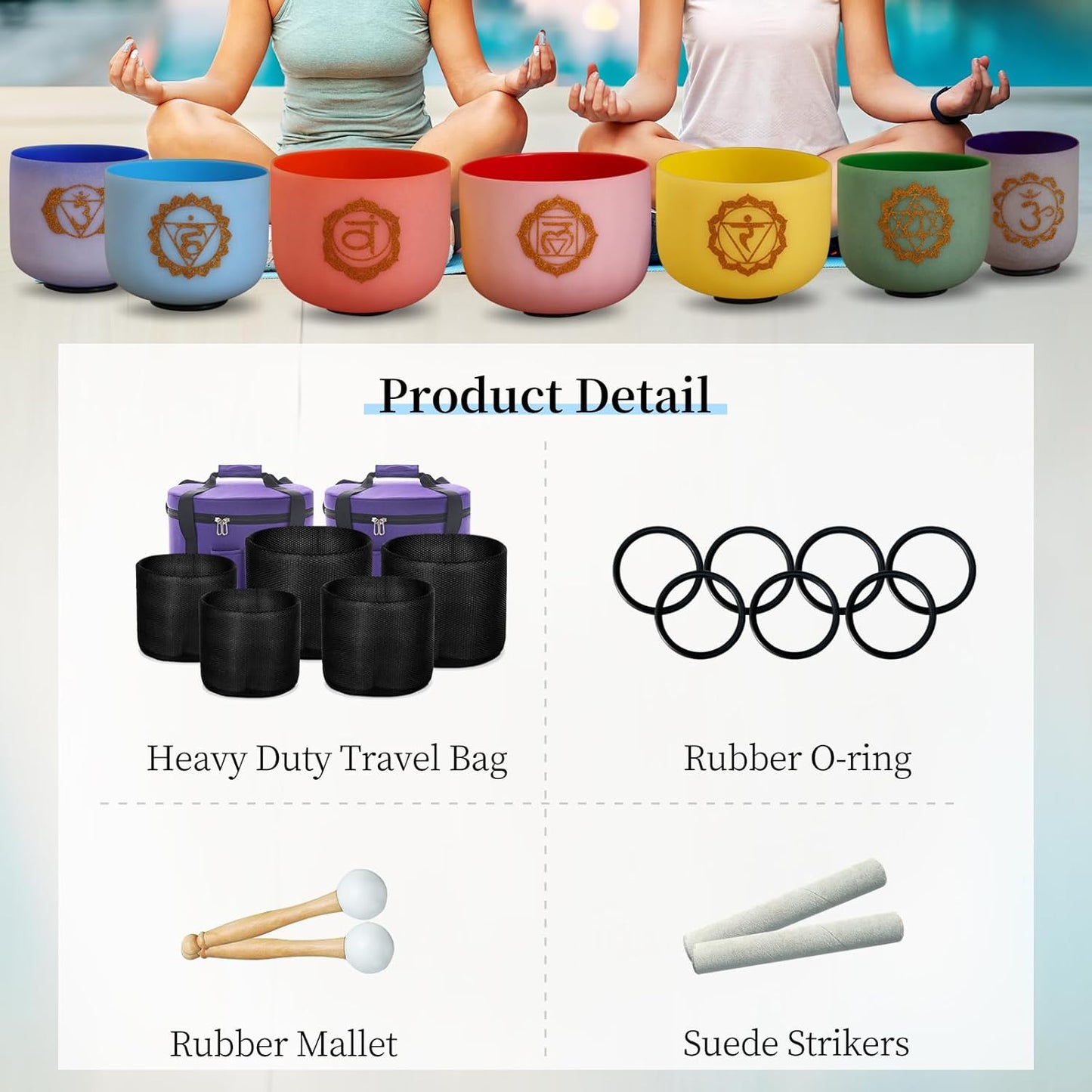 Hye-eun Colored Crystal Singing Bowls Chakra Set of 7, 432hz Frosted Sound Bowl 7-12 Inch Set with Carrying Case for Yoga Musical Vibration Sound Healing