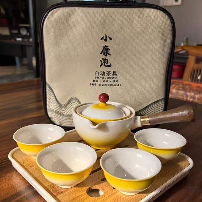 Ceramic Portable Travel Tea Set, Chinese Kungfu Tea Set with 360 Rotation Teapot and Infuser, 4 Tea Cups, Tea Tray And Travel Bag (Gradient Yellow) - Bloomnest