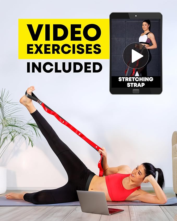 Stretching Strap with Loops - Non Elastic Stretch Band for Physical Therapy, Yoga Strap for Stretching Equipment, Stretch Bands for Exercise and Flexibility - Fascia, Hamstring & Leg Stretcher Belt - Bloomnest