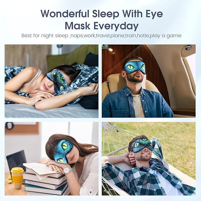 2 Pcs Sleep Mask for Kids Boys, Silk Eye Covers for Sleeping, Adjustable Strap & Light Blocking Design, Adult Children's Bedtime Blindfold for Travel and Home Use (Green Dinosaur Eyes) - Bloomnest