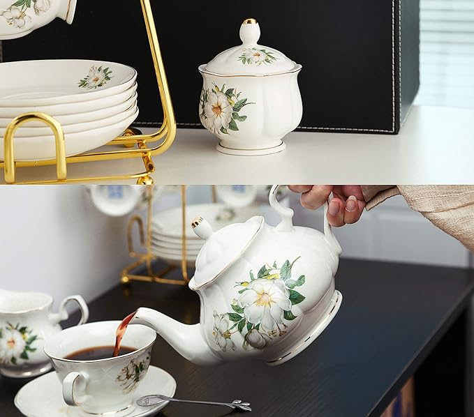 CHENP.HMC Porcelain Tea Set Tea Cup Set 22-Piece Porcelain Ceramic Coffee Tea Gift Sets Cups Saucer Service for 6 Teapot Sugar Bowl Creamer Pitcher and Teaspoons tea pot sets(Camellia) - Bloomnest