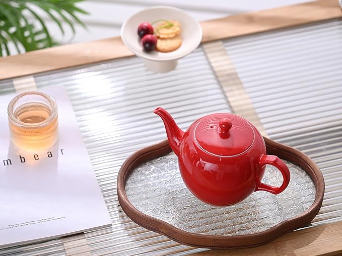 Antique Ceramic Teapot Coffee Pot with Infuser, 400ml (1-2 cups) Small Porcelain Tea Pots for Loose Leaf Tea, with Removable Stainless Steel Strainer and Lid for Gift (Red)