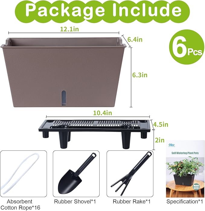 Window Box Planter 6 Pcs, 12.6 Inches Self Watering Rectangle Flower Plant Pots with Drainage Holes & Breathable Trays, Vegetable Planters for Windowsill Patio Garden Balcony Porch Yard (Khaki) - Bloomnest