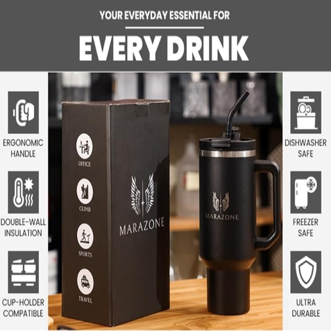 40 oz Insulated Tumbler with Handle and Straw – Stainless Steel Double Wall Vacuum Cup Fits Car Cup Holder, Hot Cold Travel Mug, BPA Free Reusable Water Bottle for Men Women - Midnight Black - Bloomnest