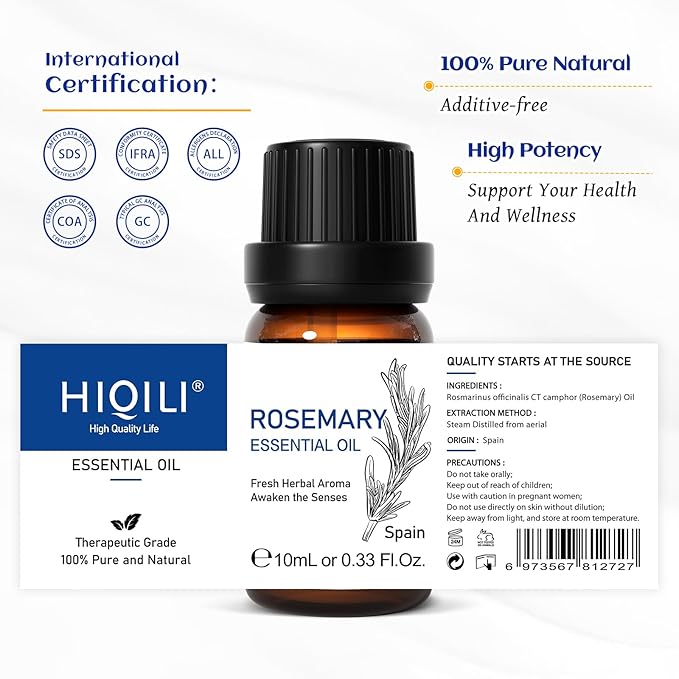 HIQILI Rosemary Oil for Hair Growth, Skin, Scalp, 100% Pure Natural, Add to Shampoo & Conditioner - 0.33 Fl Oz/10 ML - Bloomnest