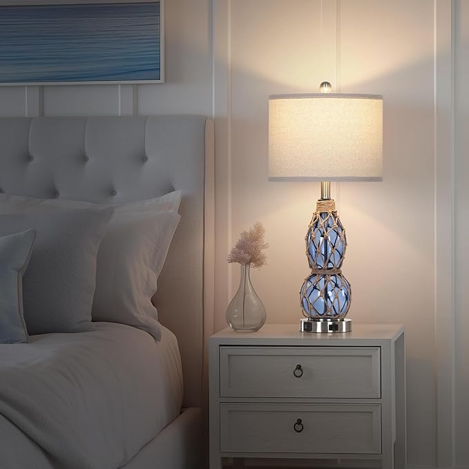 26" Coastal Glass Table Lamps Set of 2, 3-Way Dimmable Touch Lamps with USB Ports and AC Outlet, Nautical Bedside Lamps for Bedroom Living Room - Bloomnest