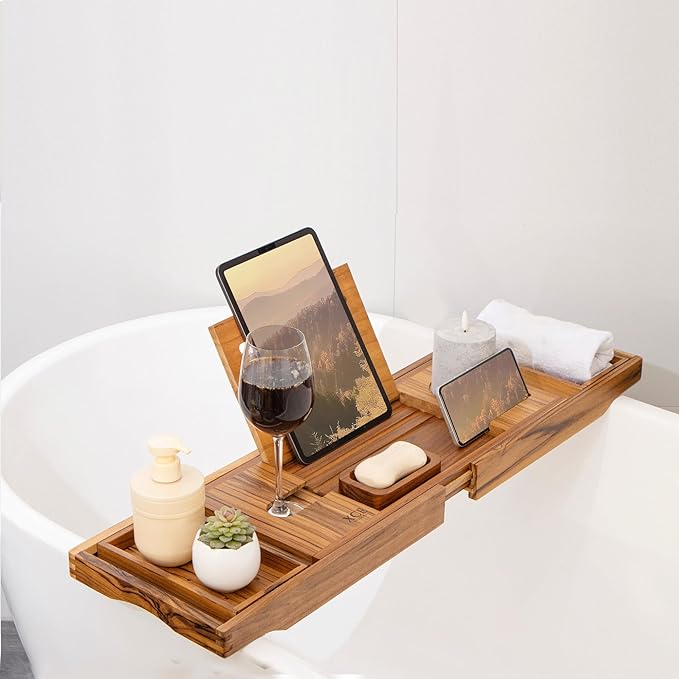 XcE Teak Bathtub Caddy Tray - Expandable to 41 Inches with Book Stand, Soap Holder & Anti-Slip Pads for Luxury Bath Spa, Teak - Bloomnest
