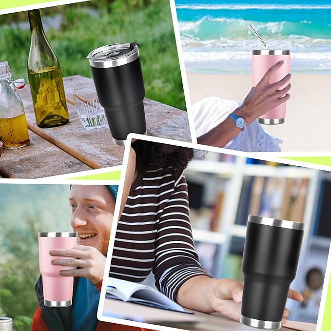 30 oz Tumbler with Lids and Straws Double Wall Vacuum Insulated Tumbler,Stainless Steel Leak-proof Tumbler Cup Powder Coated Travel Coffee Mug for Cold and Hot Drinks,Black Pink,2 pack - Bloomnest