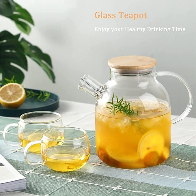 Glass Tea Pot Kettles Stovetop Safe, 60.8oz/1800mL Heatproof Borosilicate Glass Teapot Water Pitcher With Bamboo Lid and Removable Filter Spout for Loose Leaf and Blooming Tea - Bloomnest