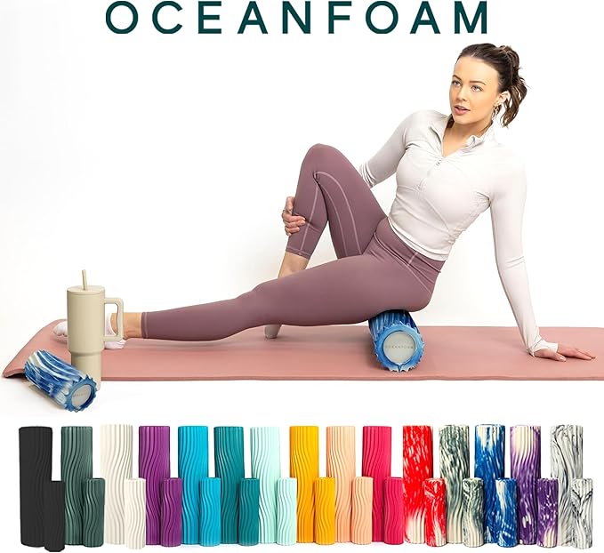 Oceanfoam Ripple Travel Foam Roller (11" x 3.35") Firm Mini Foam Roller for Physical Therapy, Deep Tissue Massage, Back Pain - High Density, Ergonomic Wave Textured - Yoga, Exercise (Royal Marbled) - Bloomnest
