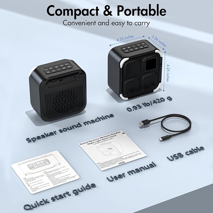 Sound Machine White Noise Machine with 30 Soothing Sounds, 10W Bluetooth Wireless Speaker Alarm Clock with Lights, Rechargeable Sleep Machine with Timer, Gifts for Boys Girls Baby Kids Teens Adults