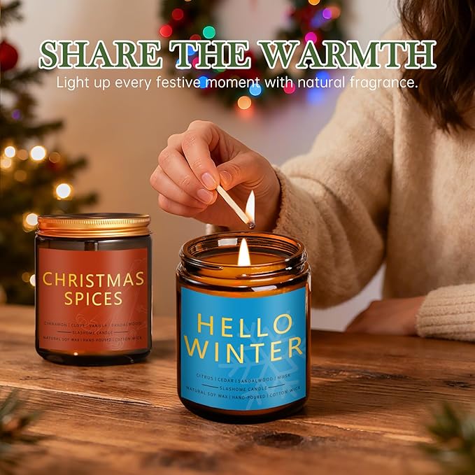 Christmas & Winter Candle Gift Set, 6 Pack 7oz Soy Scented Candles for Home, Holiday & Birthday Gift for Women & Men, Balsam Cedar, Christmas Cookies & Spices, Apple Cider, Hot Cocoa & Hello Winter - Bloomnest