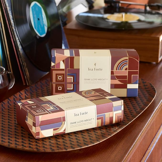 Tea Forte Frank Lloyd Wright Petite Presentation Box Tea Gift Set Sampler, 10 Count, 2 of Each Variety Individually Wrapped Handcrafted Pyramid Infuser Bags - Bloomnest