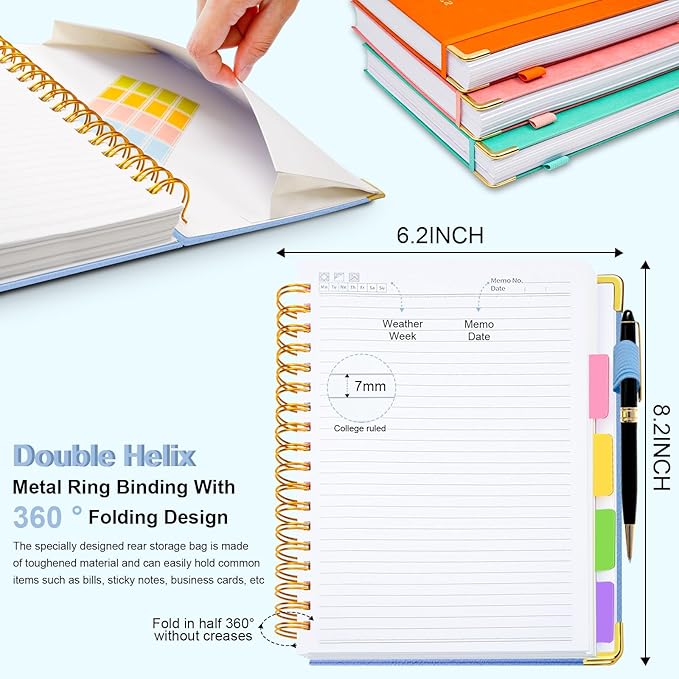 Hardcover Spiral Notebook 6.2"x 8.2" Journal Notebook with Tabs and Removable Dividers 300 Pages 5 Subject Notebook College Ruled, Faux Leather Spiral Bound Notebook for Women School Work(Dark Blue) - Bloomnest