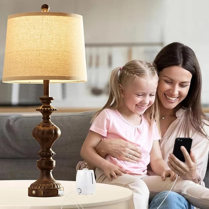 27.5" Farmhouse Table Lamps Set of 2 Bedside Nightstand Lamp with USB C+A Ports & AC Outlet, 3 Way Dimmable Touch Lamps for Bedroom Living Room Office Hallway Rustic Traditional Lamp (Copper) - Bloomnest