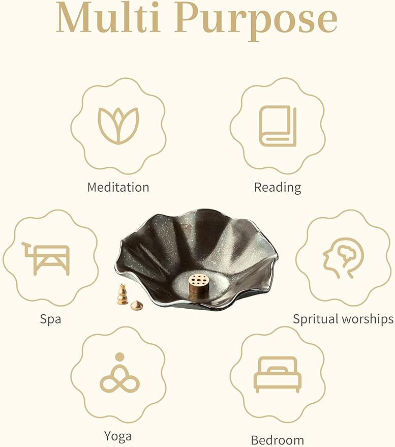6 Inch Incense Holder with 3 Copper Incense Sockets Lotus Incense Holder for Sticks Modern Insence-Stick Holder for Meditation, Yoga, SPA, Home Decor, Black - Bloomnest